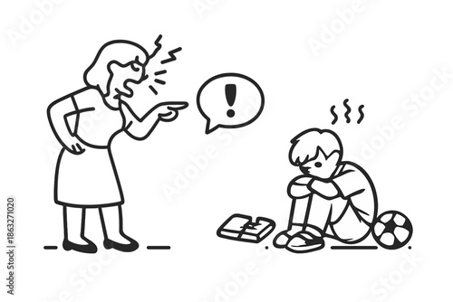 Angry parent scolding child with broken toy