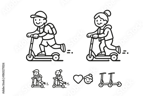 Happy cartoon characters riding scooters
