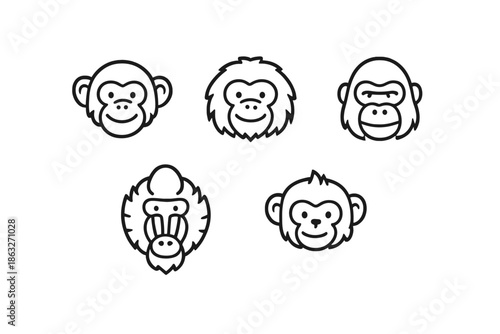 Set of five cartoon monkey faces on a gray background