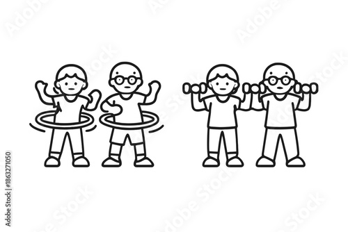 Cartoon figures exercising with hula hoops and weights