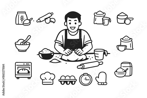 Baker Kneading Dough Surrounded by Baking Icons