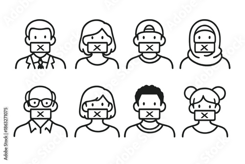 Silenced people icons with tape over mouths