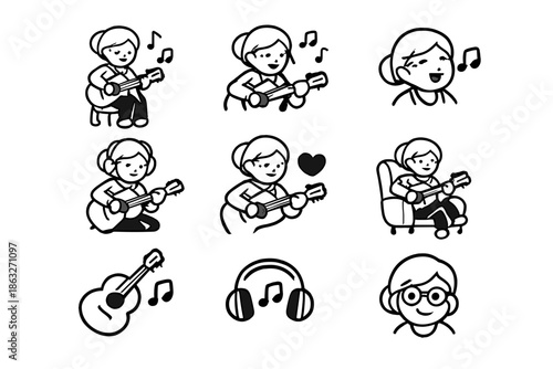 Grandmother playing guitar and singing cartoon icons set