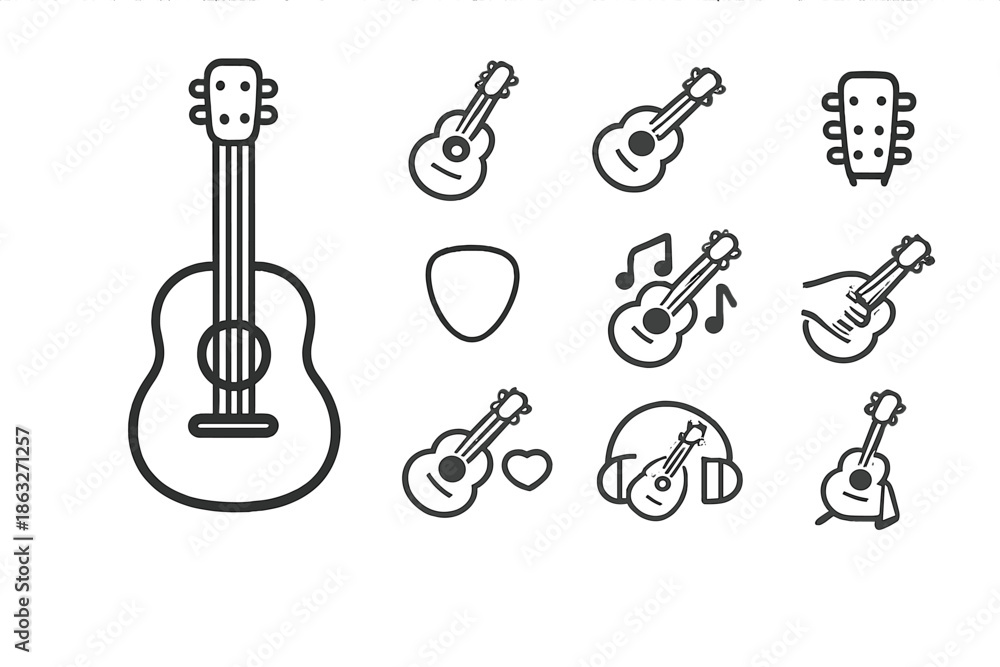 Fototapeta premium Guitar Icon Set - Acoustic, Music and Playing Guitar