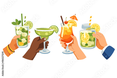 Four hands holding tropical cocktails for a toast