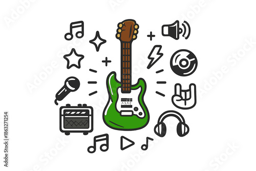 Rock Music Icons Surrounding a Green Electric Guitar