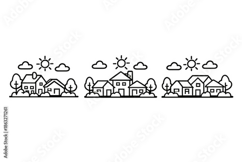 Abstract Minimalist Village Scene with Sun and Clouds