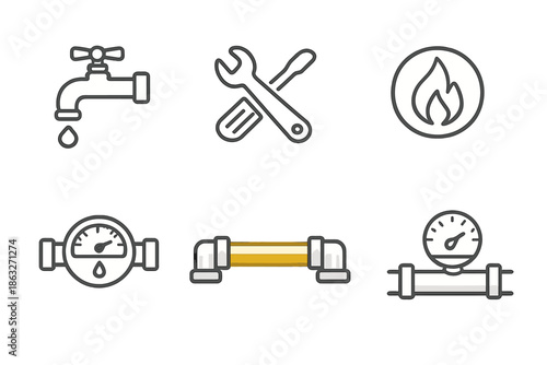Plumbing and utilities icons on a dark background