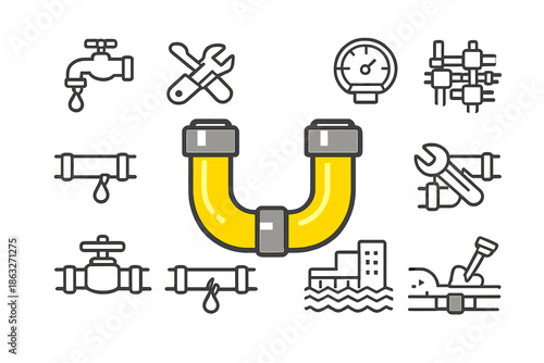Plumbing icons and symbols with a horseshoe magnet