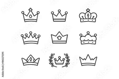 Set of nine crown icons on a dark background