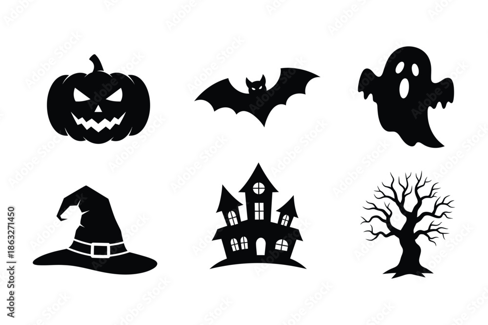 Obraz premium Halloween Spooky Icons with Ghost Bat and Haunted House