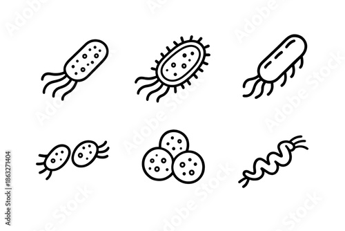 Set of six stylized bacteria icons on a grey background
