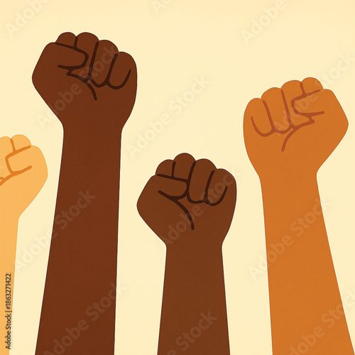 Raised fists of diverse people, freedom and justice illustration, simple flat design