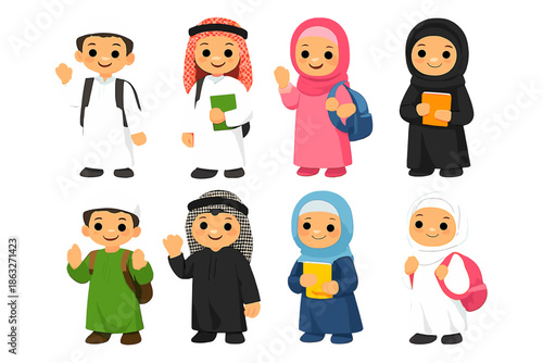 Diverse Muslim Children with Books and Backpacks