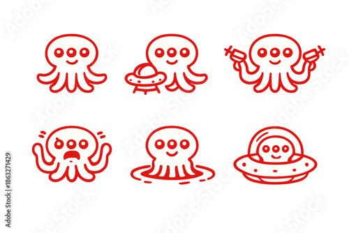 Cute cartoon aliens in various poses with glowing red outlines