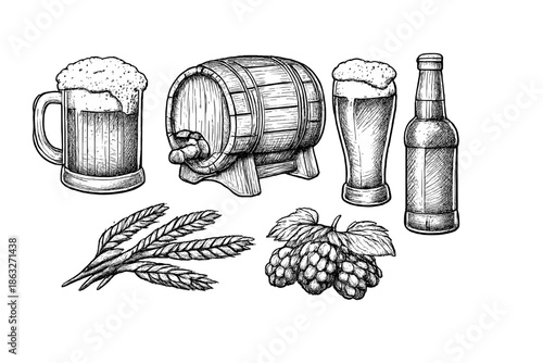 Beer Ingredients and Vessel Collection in Sketch Style