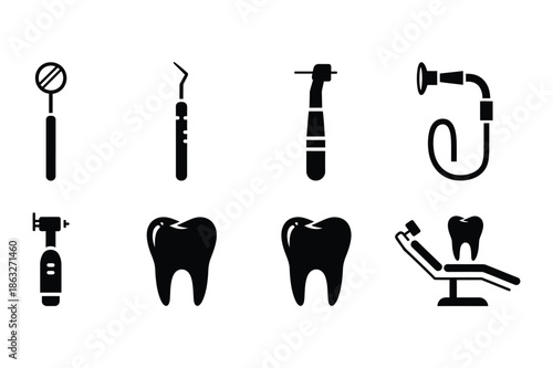 Dental Care Dentistry Icons with Teeth and Medical Tools