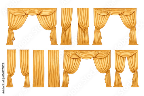 Set of elegant golden curtains and drapes on a gradient background