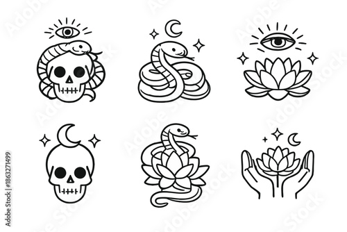 Esoteric Symbols with Snake, Skull, Lotus, and Eye