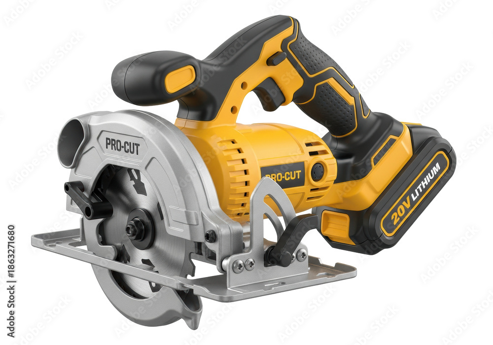 Fototapeta premium close-up of a photorealistic, safety yellow cordless circular saw (pro-cut, 20v lithium) against a sterile white background, highlighting material textures and precision engineering. concept for