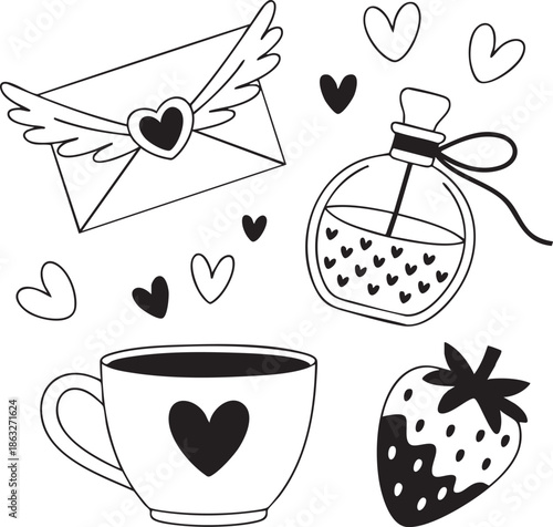A charming collection of love symbols letter hearts perfume strawberry and tea