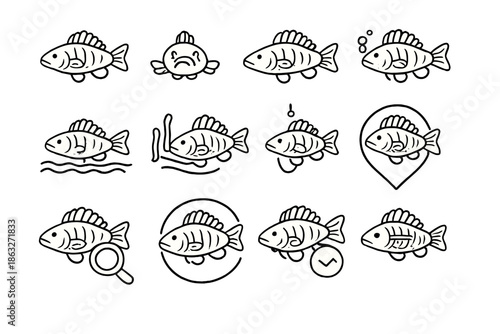 Set of hand-drawn fish icons with various expressions and actions
