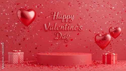 Valentine Celebration With Red Balloons, Hearts, and Gifts on Display in a De...