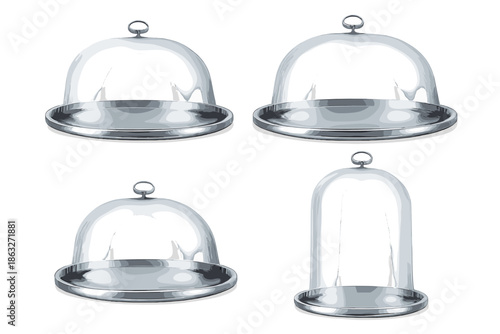 Four Silver Cloches with Clear Dome Lids on a Gray Background
