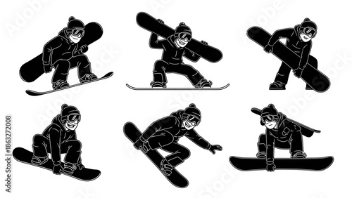 Snowboarders performing various tricks and poses on snowboard gear for winter sports and extreme activities on snowy mountains, active lifestyle and recreation