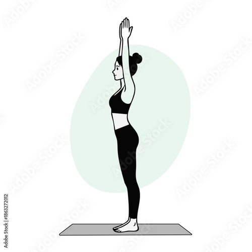A minimalist line art illustration shows a woman standing on a yoga mat in the Upward Salute or Urdhva Hastasana pose against a white background with a light blue circle.