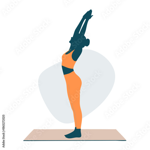 A minimalist flat illustration of a woman in orange sportswear performing the Upward Salute yoga pose on a mat against a clean background.