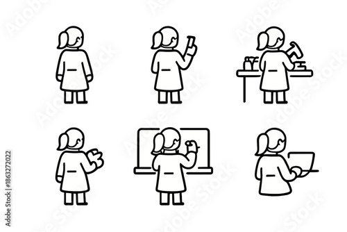 Set of 6 White Icons of a Scientist or Student in Different Poses