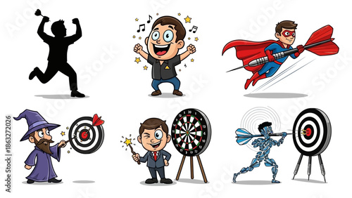 Collection of six vibrant illustrations featuring people and characters engaged in dart throwing, from a cheerful boy to a wizard, a superhero, and a robot hitting targets