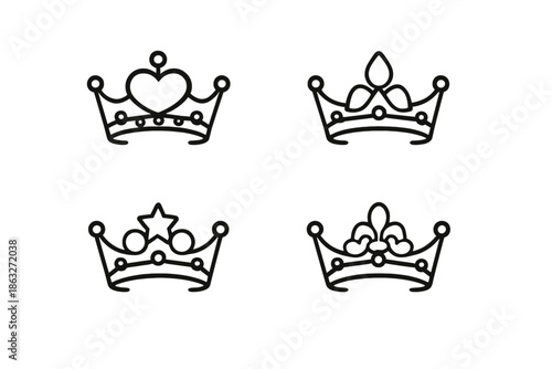 Four stylized crowns with white elements on a dark grey background