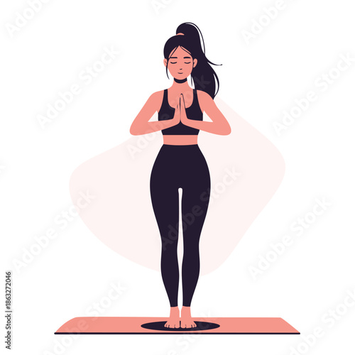A flat vector illustration of a young woman standing on a yoga mat in a mountain pose with her hands in prayer position, practicing meditation and mindfulness.