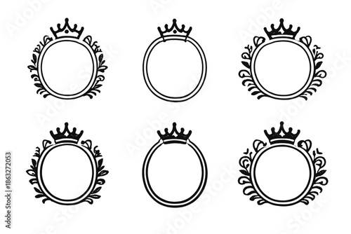 Six ornate circular frames with crowns on a dark background