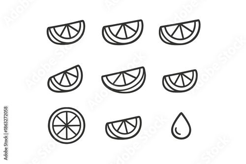 Set of orange slices and a water drop icons on a gradient background