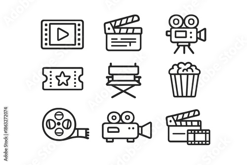Collection of simple cinema and movie icons on a gradient background