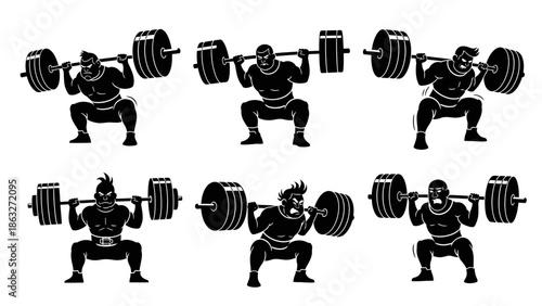 Set of black and white vector illustrations featuring strong men performing heavy barbell squats with intense facial expressions during their workout