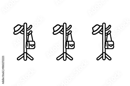 Three coat racks with hats and bags