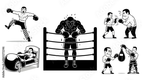 A compilation of monochrome cartoon illustrations depicting a boxer engaged in various activities such as training in the ring, sparring, resting, and celebrating victory