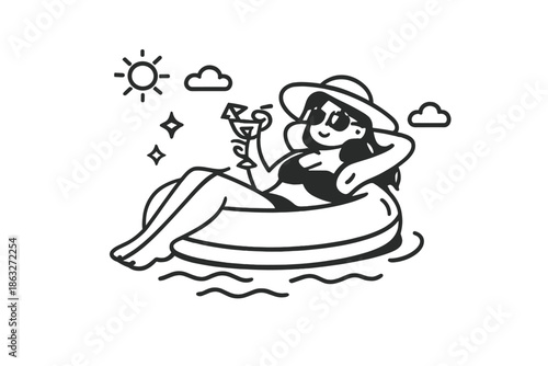 Cartoon woman relaxing on inflatable ring with cocktail