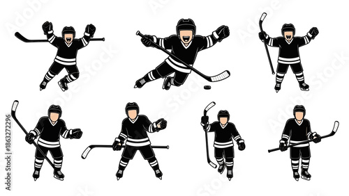Set of eight black and white ice hockey player figures in various action poses, holding hockey sticks and portraying dynamic movement on a clean white background