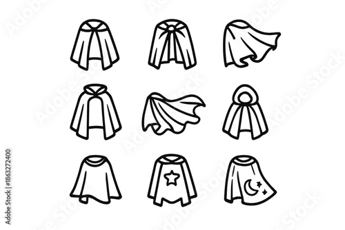 Set of nine stylized cape icons with varying designs