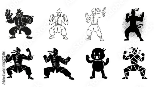 various martial arts figures in combat stances including silhouette cartoon and line art styles depicting karate kung fu and fighting poses expressing power discipline and strength