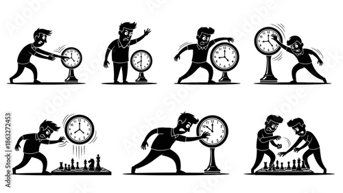 Set of six expressive male characters interacting with chess clocks and boards, portraying urgency and strategic thinking in a competitive chess game, isolated on white background