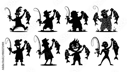 Collection of eight different black and white silhouettes of happy fishermen proudly holding up their caught fish, each with unique poses and expressions of joy