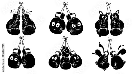 A playful collection of hanging boxing gloves, each pair featuring unique expressions and styles, perfect for sports, fun, or whimsical designs