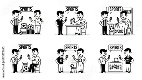 A collection of cartoon-style black and white illustrations featuring sports reporters interviewing soccer players with various sports equipment on display in each scene
