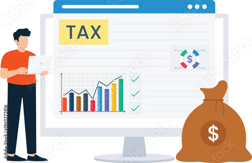 Businessman calculating online taxation financial accounting digital reporting money management income statement tax return data analysis annual budget business finance revenue growth savings planning